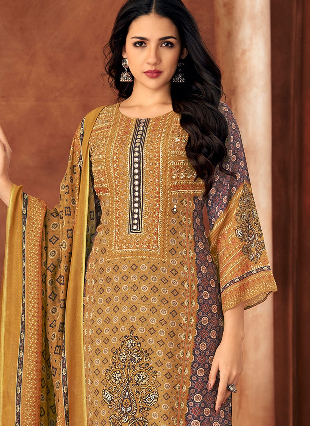 Digital Print Muslin Khaki Pant Style Suit T6374