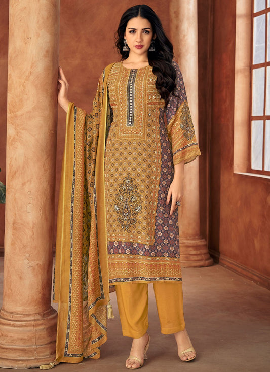 Digital Print Muslin Khaki Pant Style Suit T6374