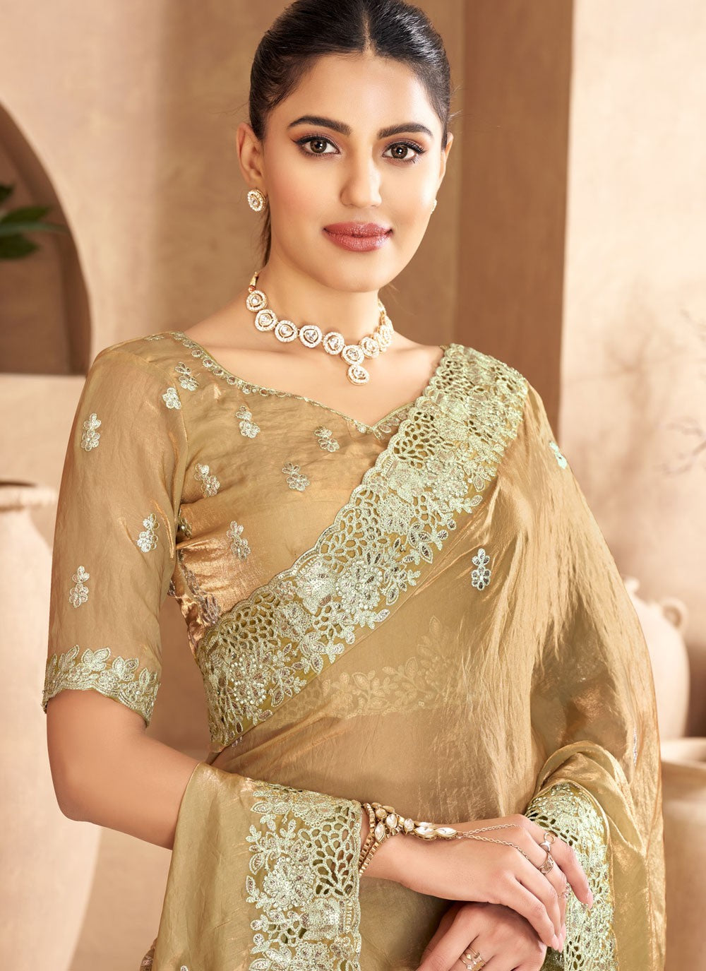 Trendy Saree Cut Work Khaki Satin Saree S13359