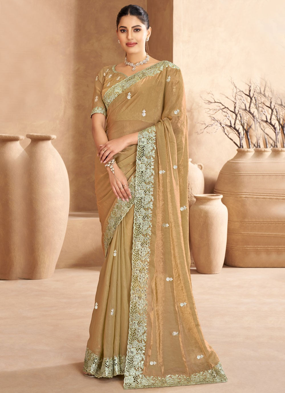 Trendy Saree Cut Work Khaki Satin Saree S13359