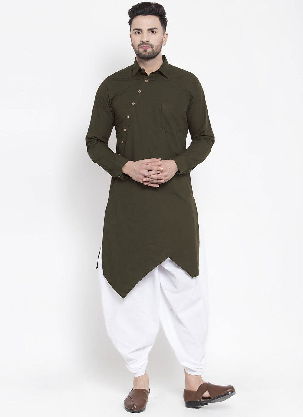 Buttons Blended Cotton Green Kurta - M4555
