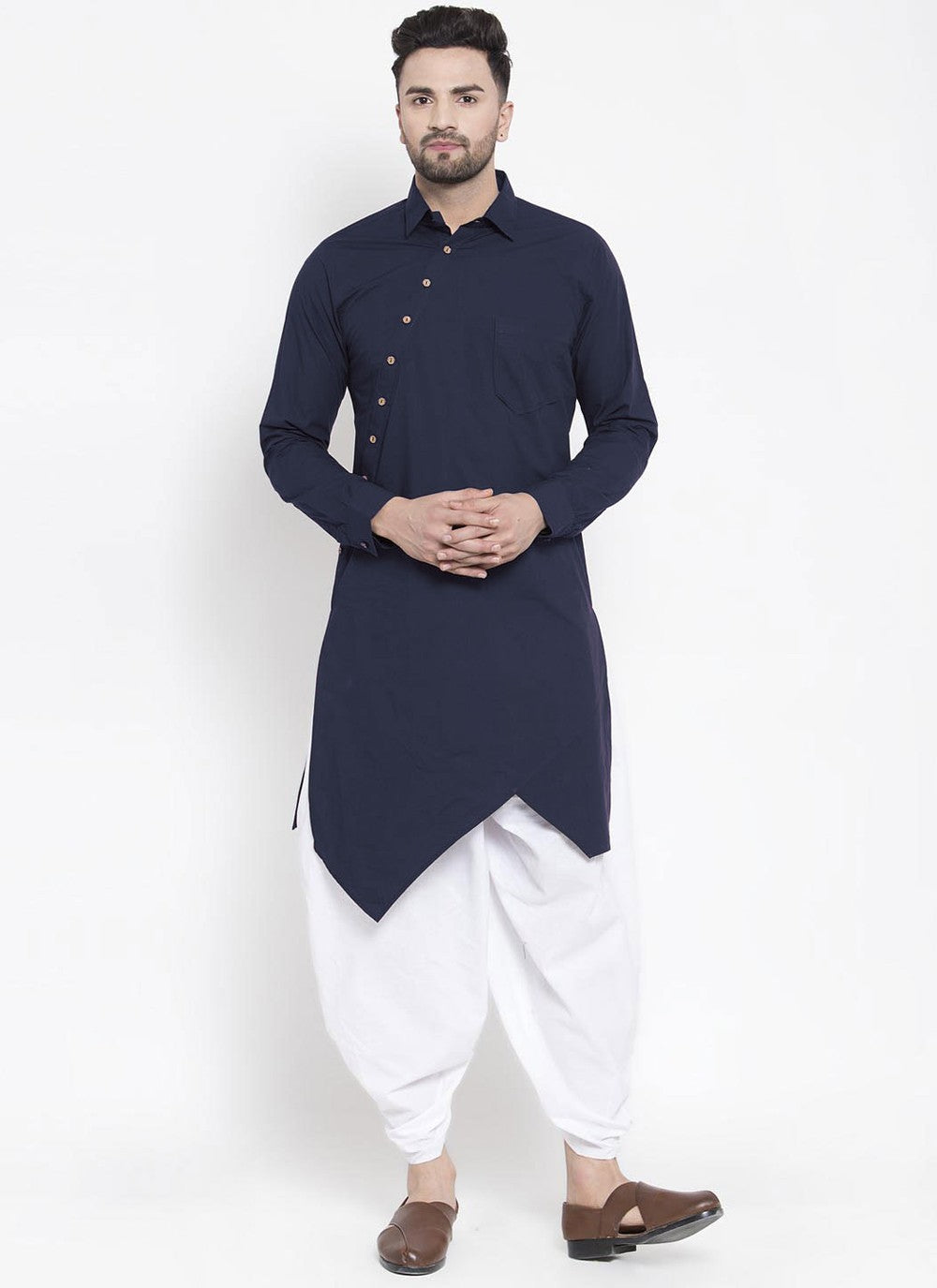 Buttons Blended Cotton Navy Blue Kurta - M4557