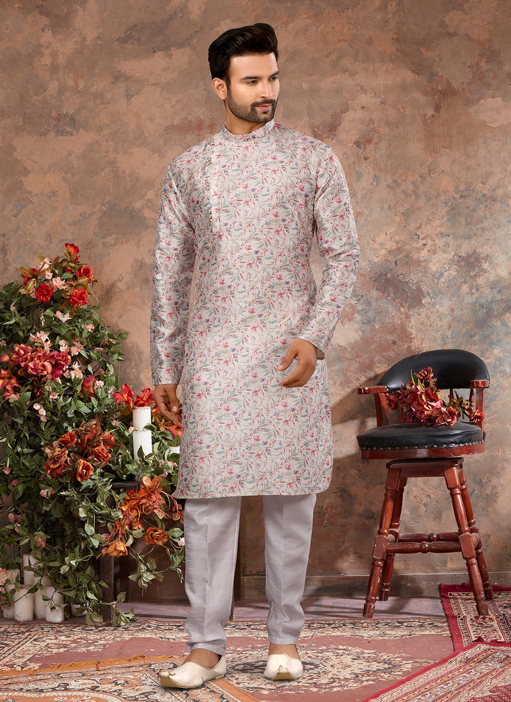 Digital Print Silk Cream, Multi Colour Kurta - M5626