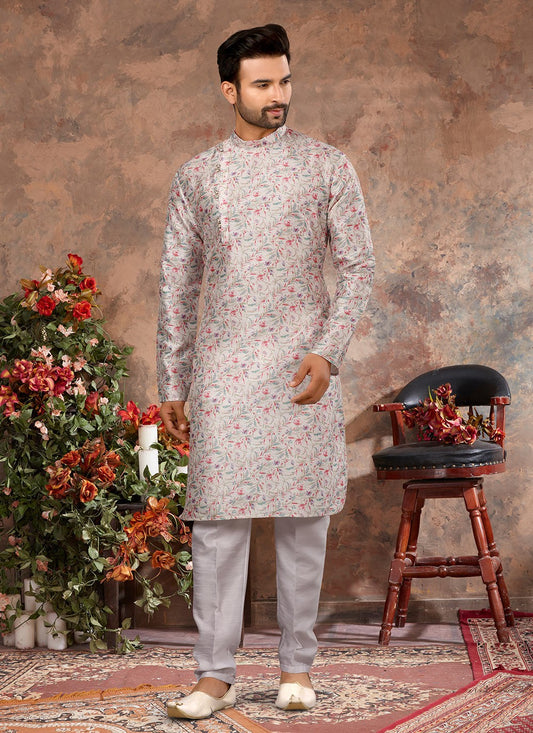 Digital Print Silk Cream, Multi Colour Kurta - M5626