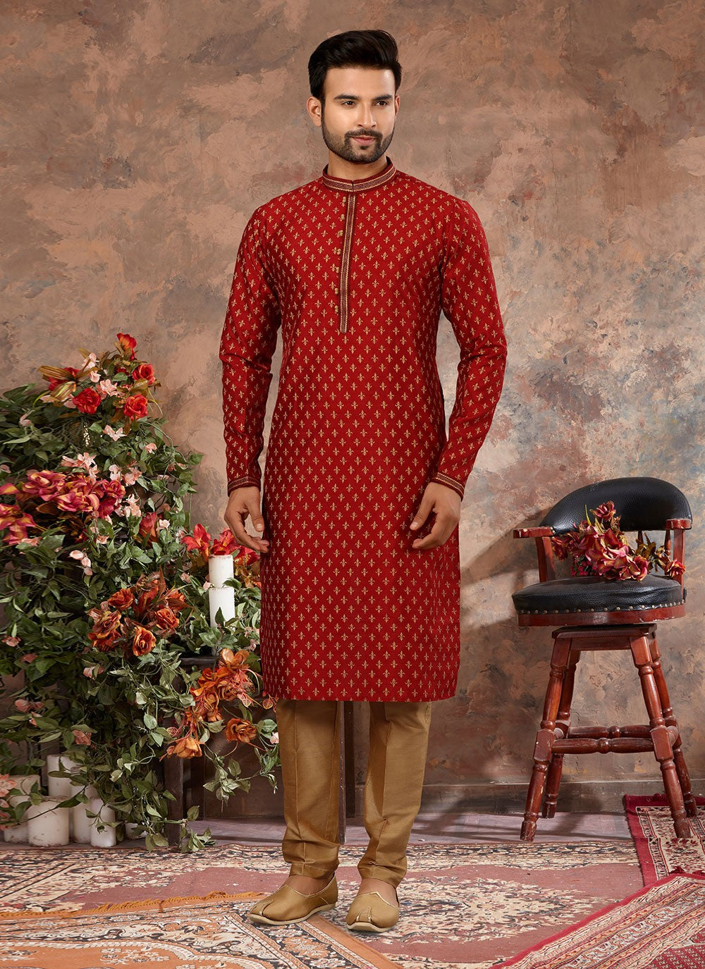 Digital Print Silk Maroon Kurta - M5650