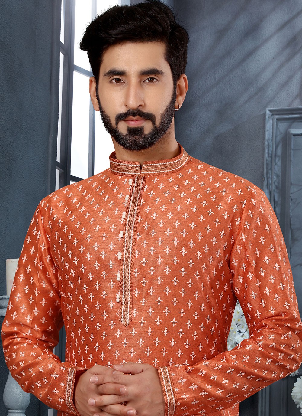 Digital Print Silk Orange Kurta - M5628