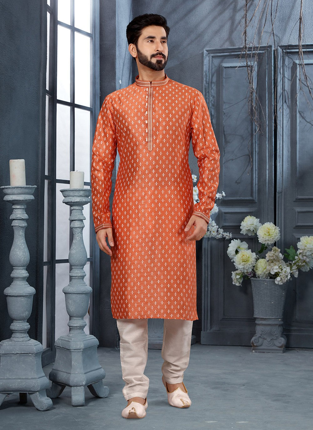 Digital Print Silk Orange Kurta - M5628