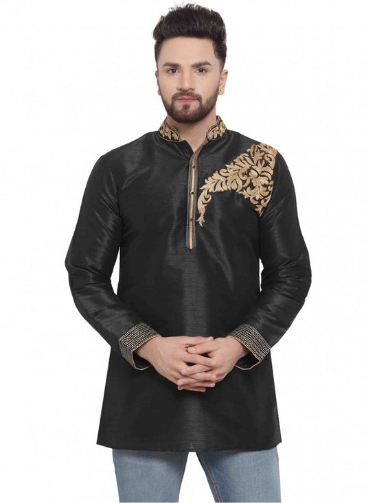 Embroidered Art Dupion Silk Black Kurta - M1690