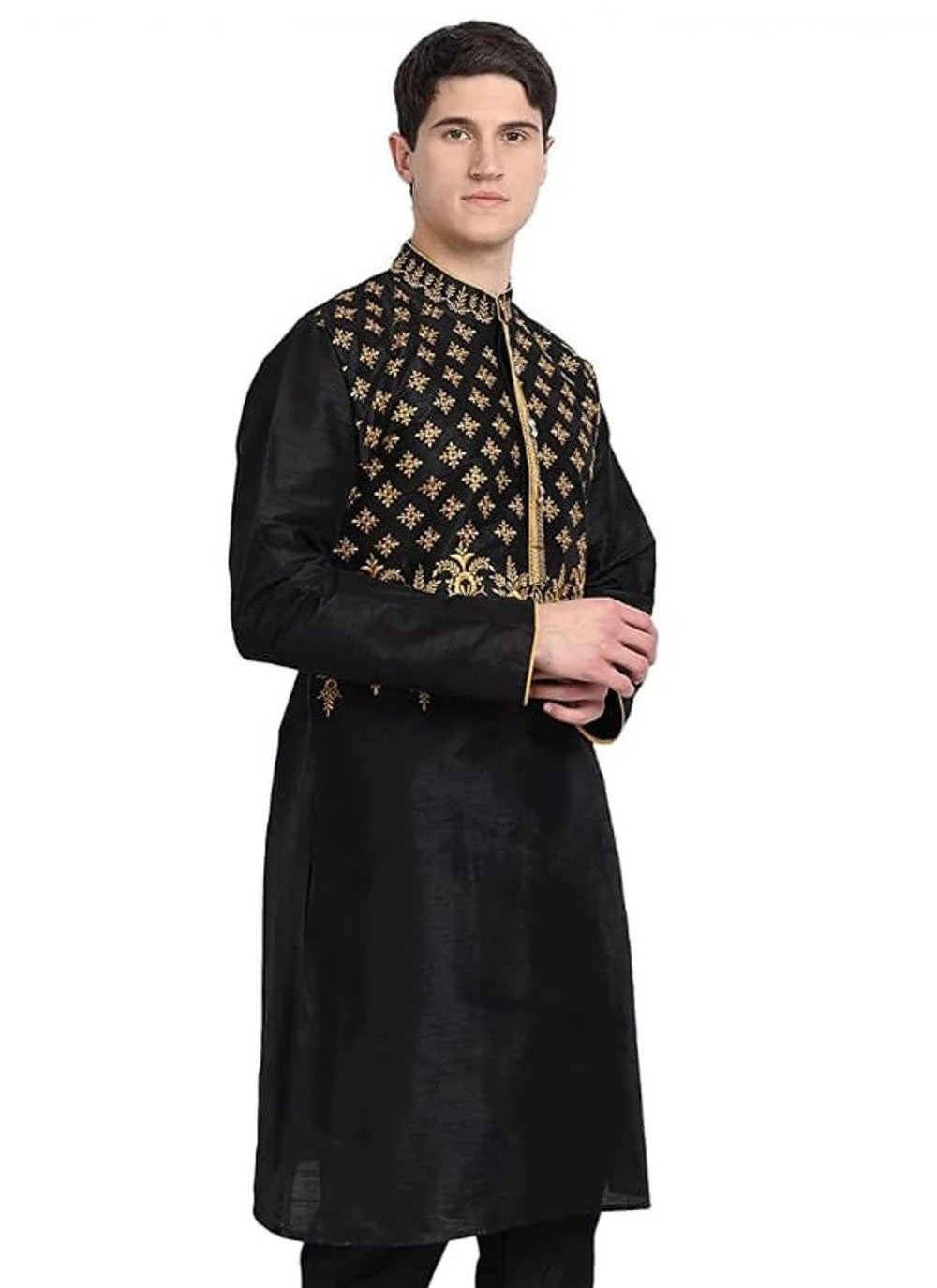 Embroidered Art Dupion Silk Black Kurta - M4228