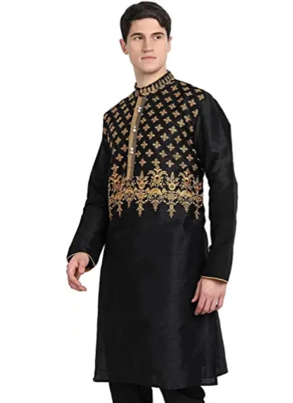 Embroidered Art Dupion Silk Black Kurta - M4228