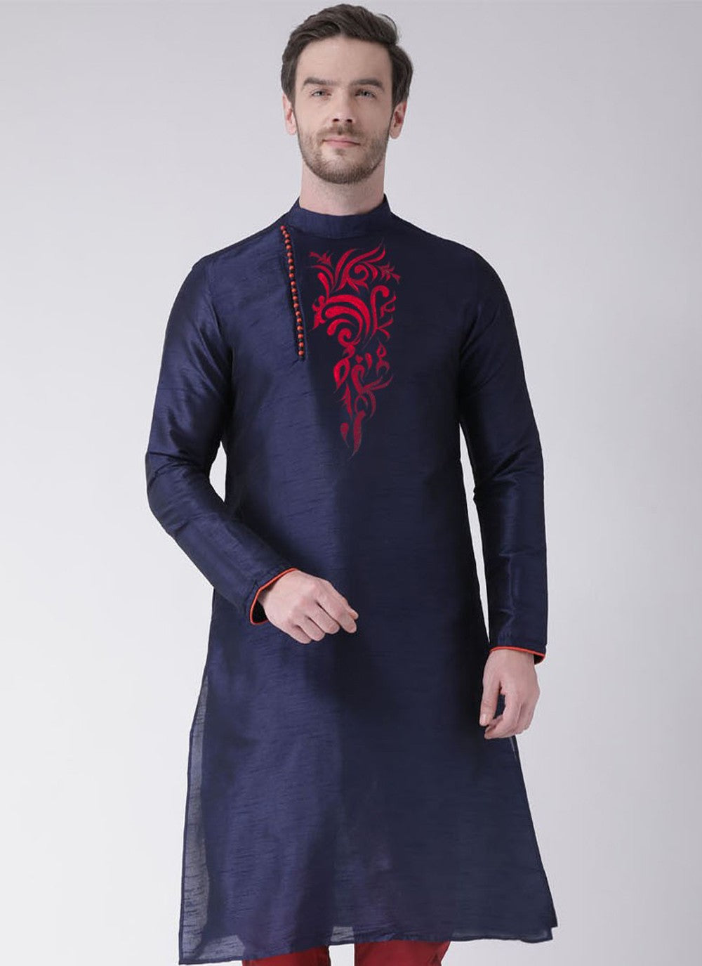 Embroidered Art Dupion Silk Navy Blue Kurta - M4243