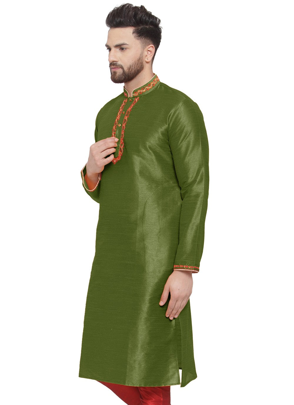Embroidered Dupion Silk Green Kurta - M7325