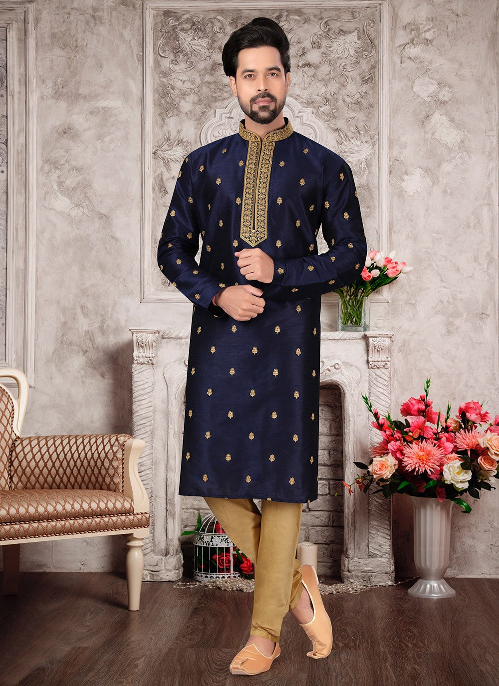 Embroidered Dupion Silk Navy Blue Kurta - M5611