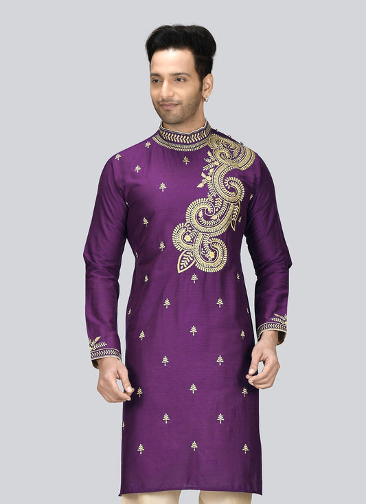 Embroidered Dupion Silk Purple Kurta - M2383
