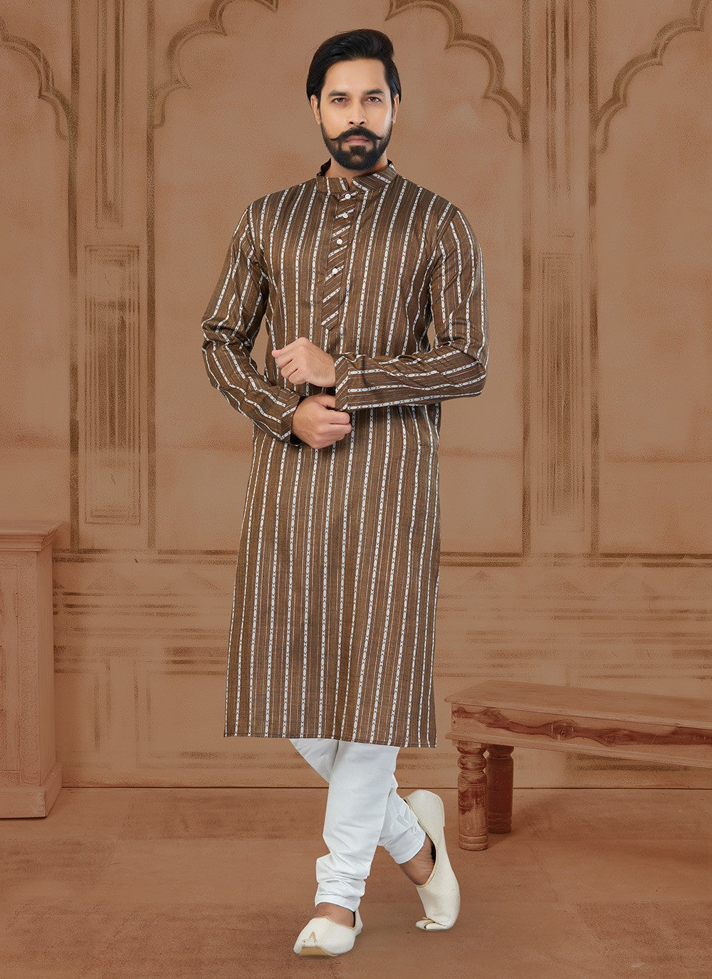Fancy Work Soft Cotton Brown Kurta - M5782