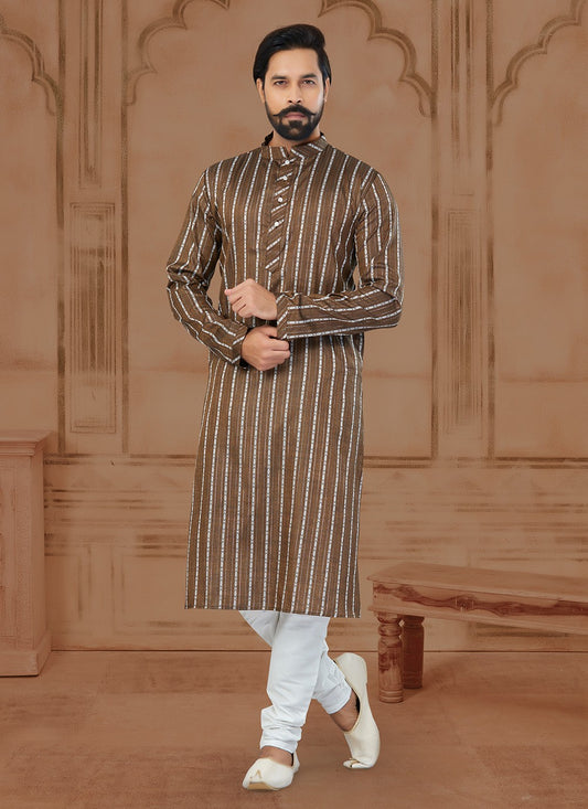 Fancy Work Soft Cotton Brown Kurta - M5782
