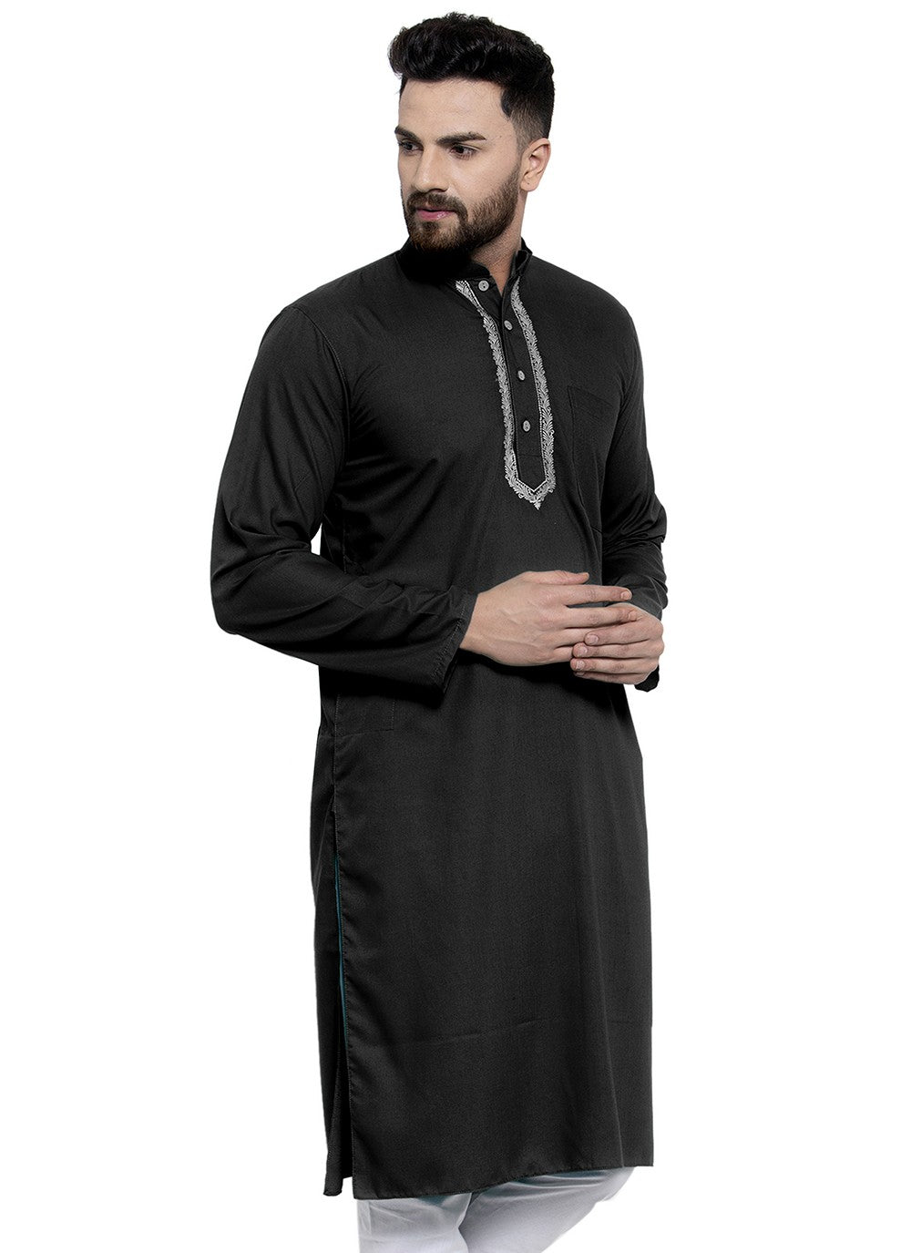 Machine Embroidery Blended Cotton Black Kurta - M5655