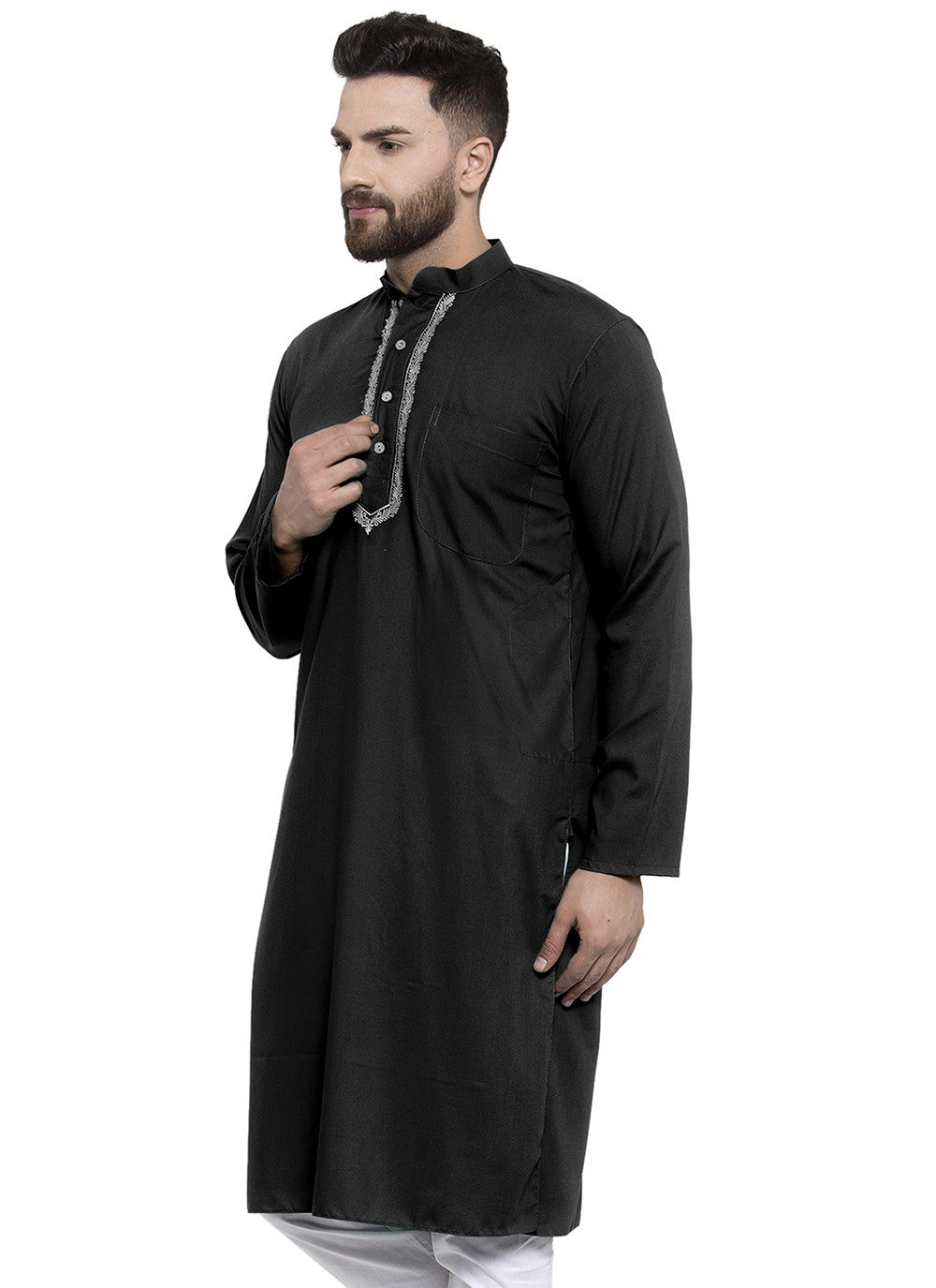 Machine Embroidery Blended Cotton Black Kurta - M5655