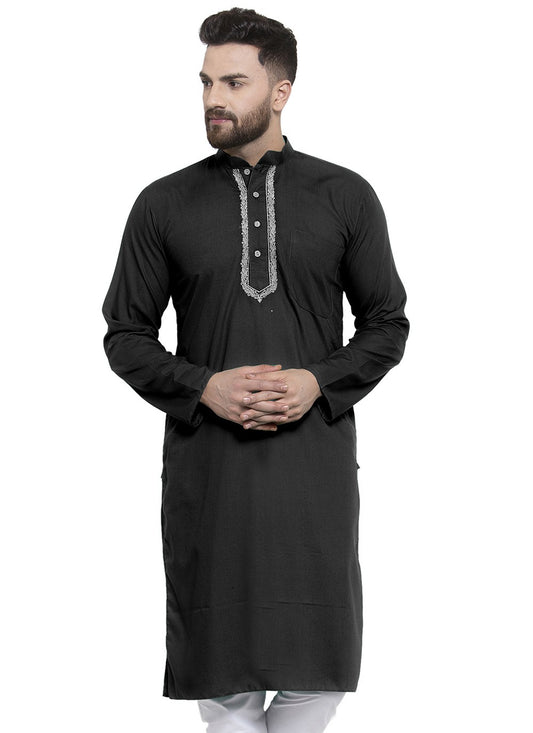 Machine Embroidery Blended Cotton Black Kurta - M5655