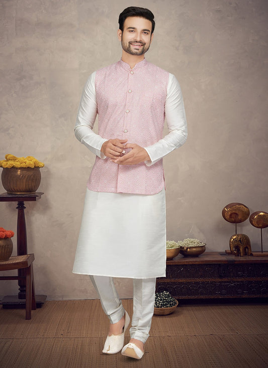 Digital Print Art Silk Off White, Pink Kurta Payjama With Jacket - M5854