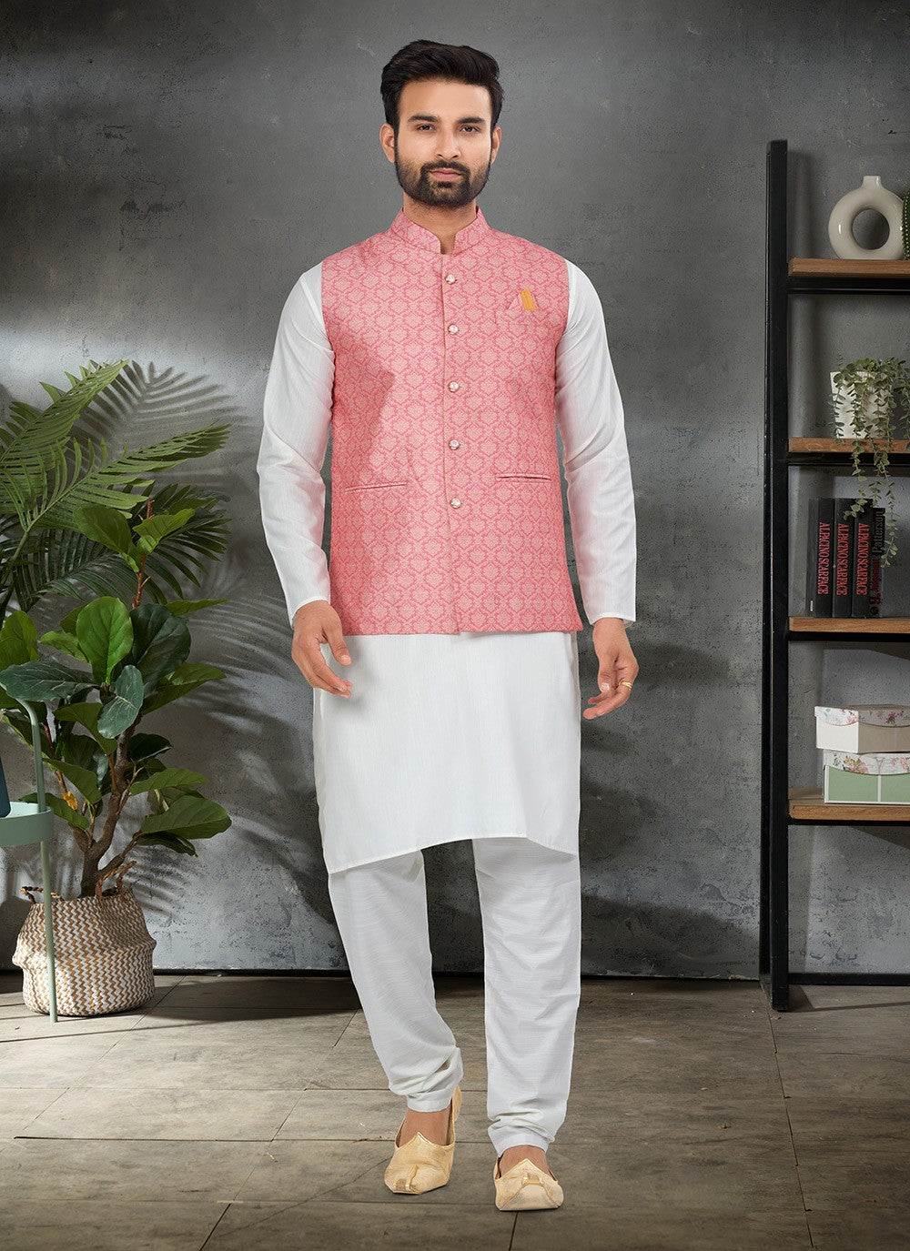 Digital Print Cotton , Silk Pink, White Kurta Payjama With Jacket - M6483