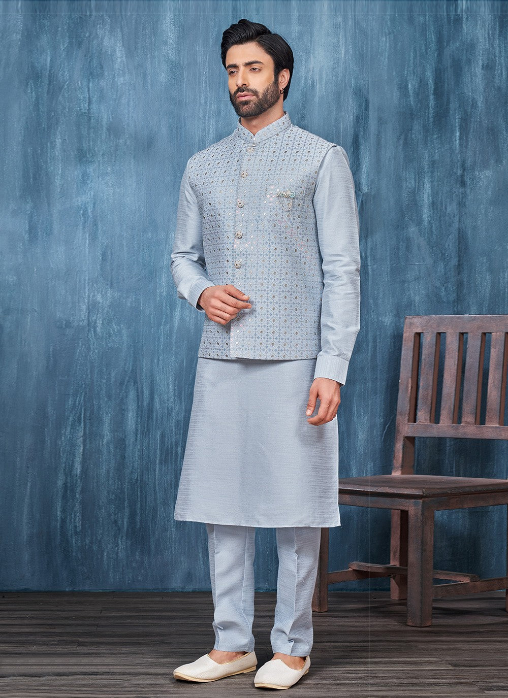 Embroidered Banarasi Silk Blue Kurta Payjama With Jacket - M6417