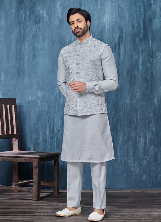 Embroidered Banarasi Silk Grey Kurta Payjama With Jacket - M6305