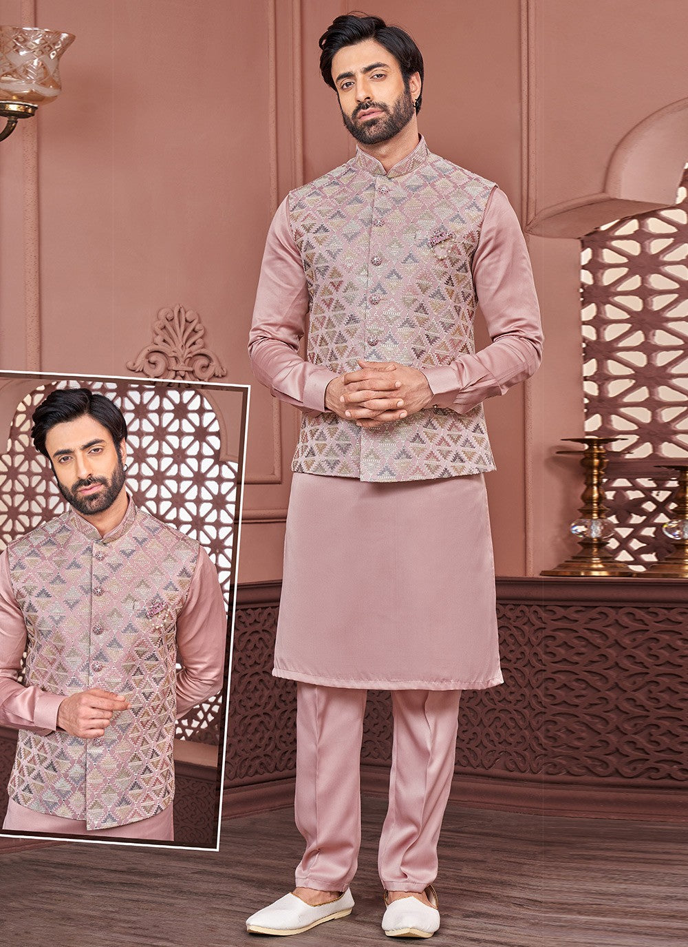 Embroidered Banarasi Silk Mauve Kurta Payjama With Jacket - M6323