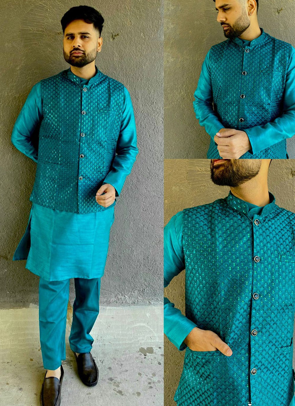 Embroidered Banglori Silk Teal Kurta Payjama With Jacket - M6868