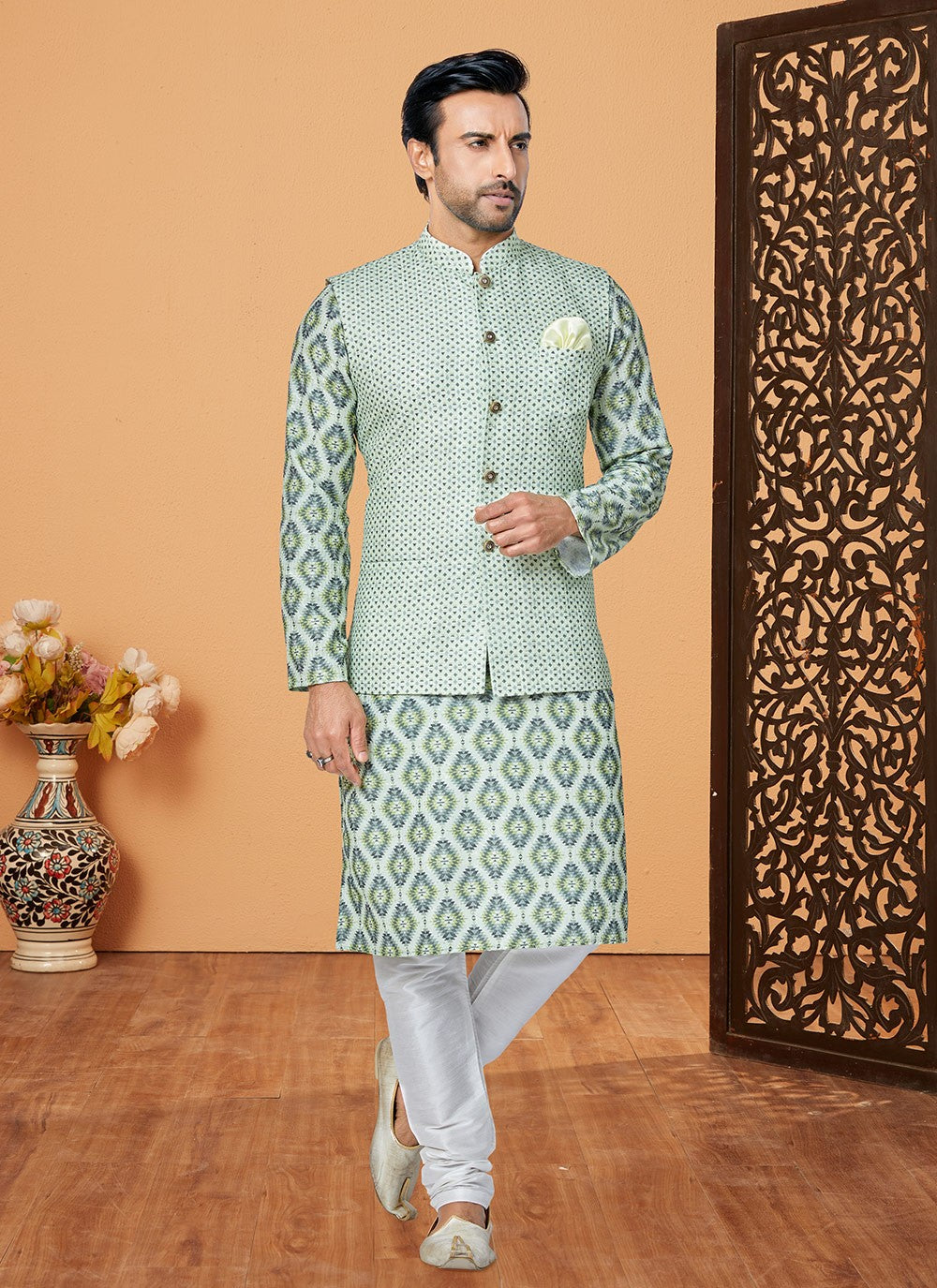 Embroidered Polyester Green, Multi Colour Kurta Payjama With Jacket - M5553