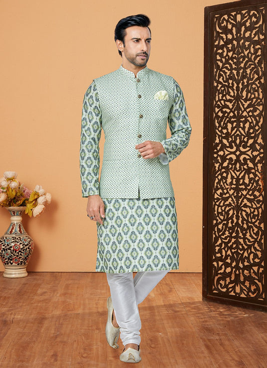 Embroidered Polyester Green, Multi Colour Kurta Payjama With Jacket - M5553