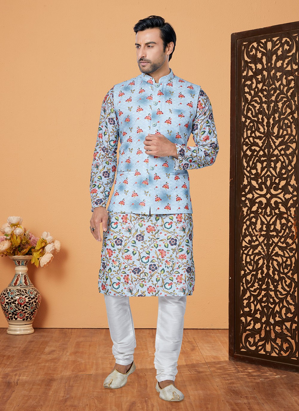 Embroidered Polyester Multi Colour Kurta Payjama With Jacket - M5552