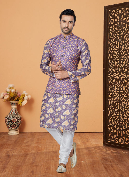 Embroidered Polyester Purple Kurta Payjama With Jacket - M5556