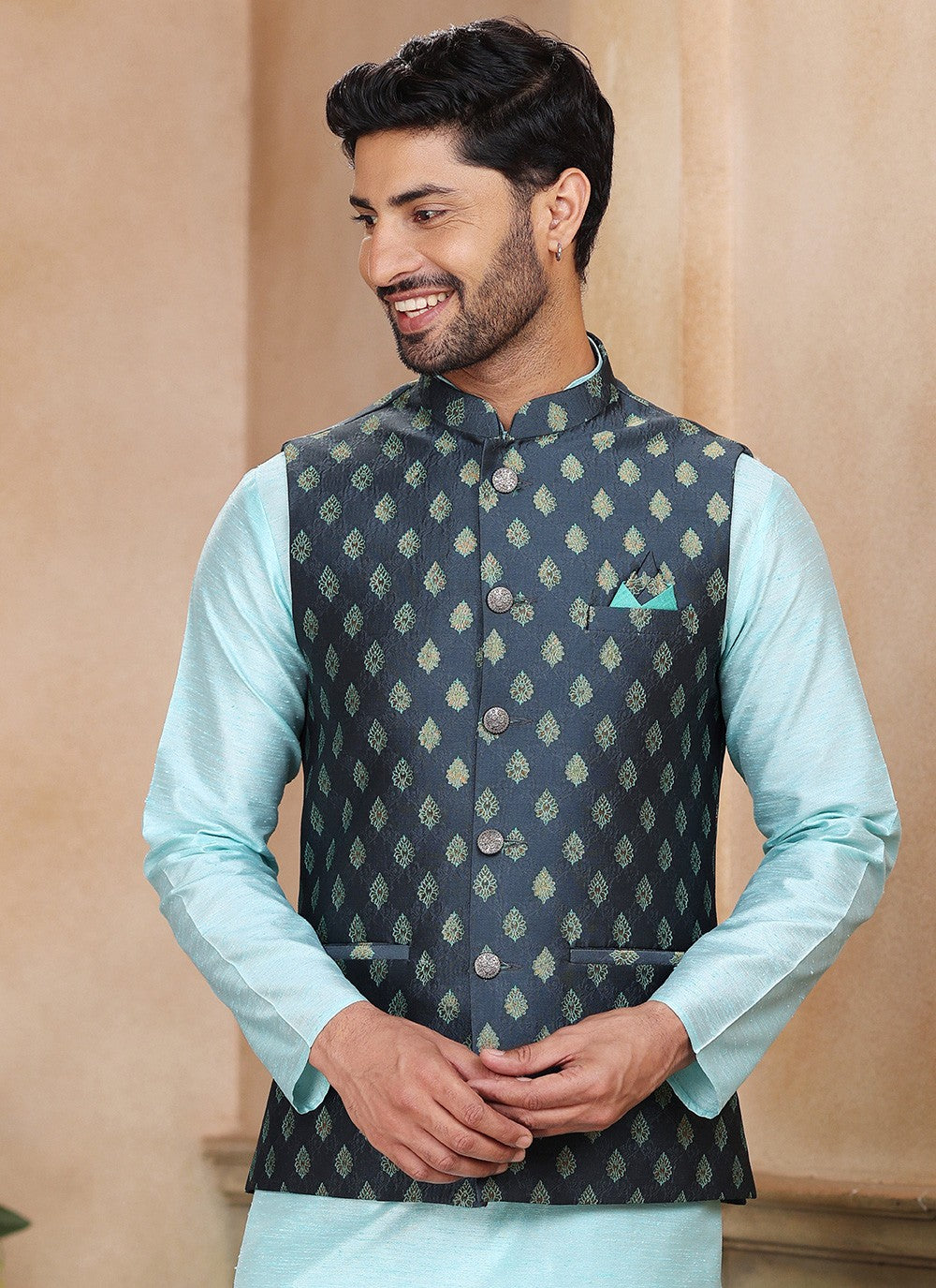 Fancy Work Banarasi Silk, Jacquard Grey, Turquoise Kurta Payjama With Jacket - M5371