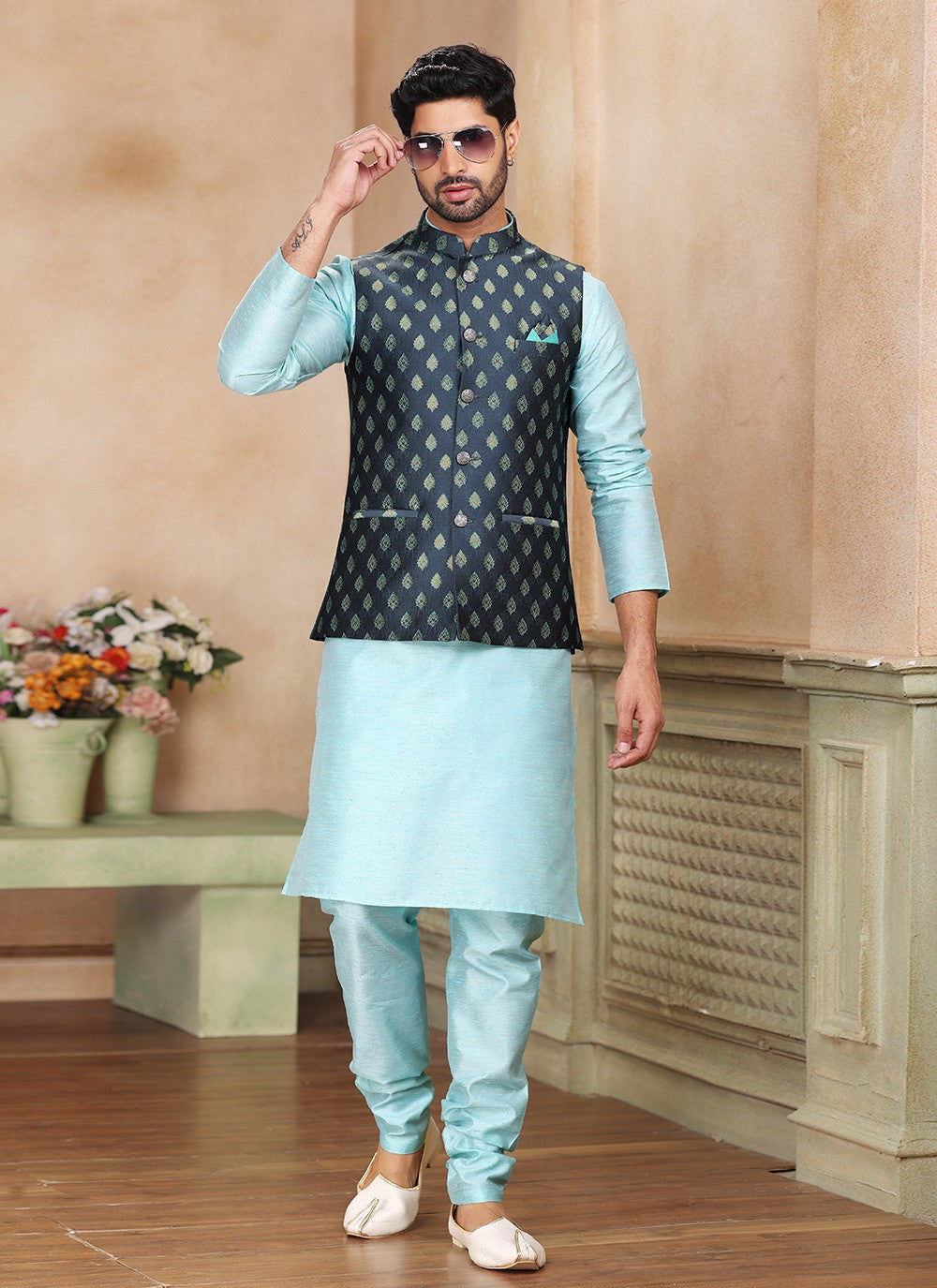 Fancy Work Banarasi Silk, Jacquard Grey, Turquoise Kurta Payjama With Jacket - M5371