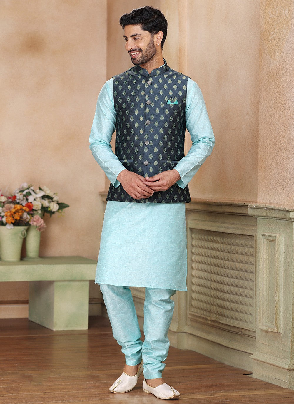 Fancy Work Banarasi Silk, Jacquard Grey, Turquoise Kurta Payjama With Jacket - M5371
