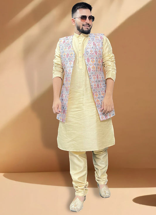 Fancy Work Silk Gold, Grey Kurta Payjama With Jacket - M5385