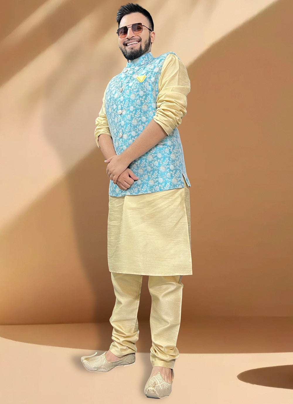 Fancy Work Jacquard, Silk Gold, Turquoise Kurta Payjama With Jacket - M5399