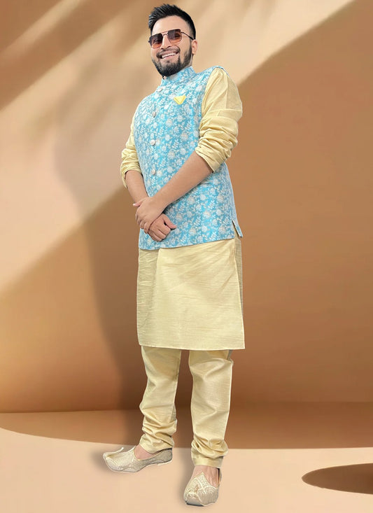 Fancy Work Jacquard, Silk Gold, Turquoise Kurta Payjama With Jacket - M5399