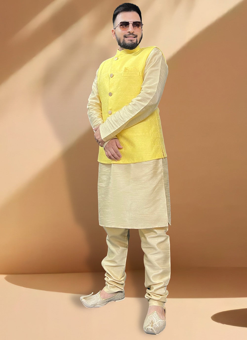 Fancy Work Jacquard, Silk Gold, Yellow Kurta Payjama With Jacket - M5391