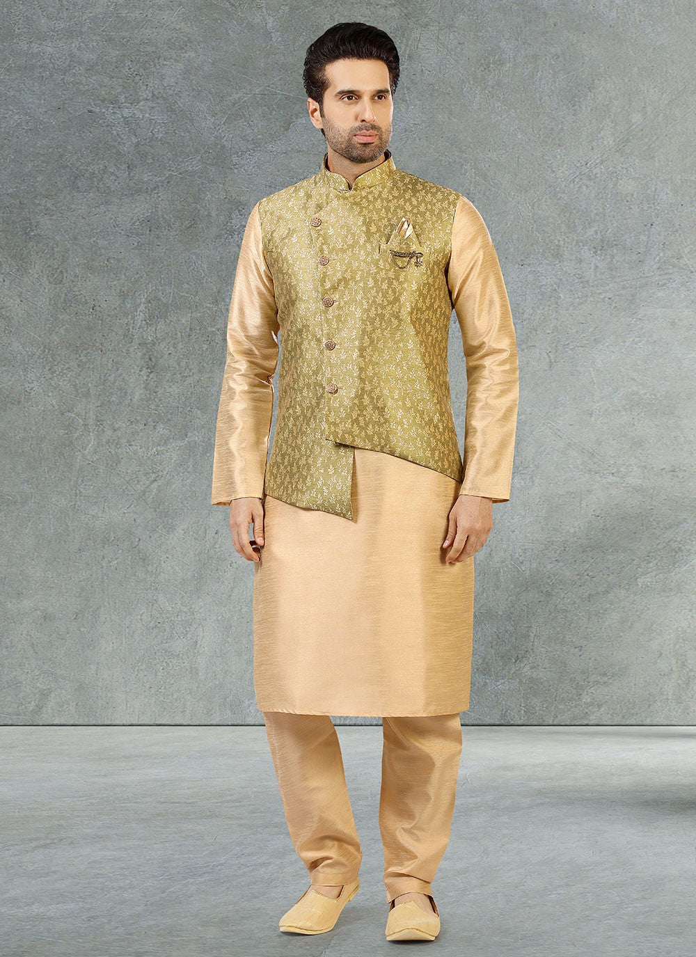Jacquard Work Banarasi Silk, Jacquard Beige, Green Kurta Payjama With Jacket - M2357