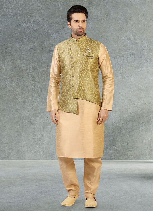 Jacquard Work Banarasi Silk, Jacquard Beige, Green Kurta Payjama With Jacket - M2357