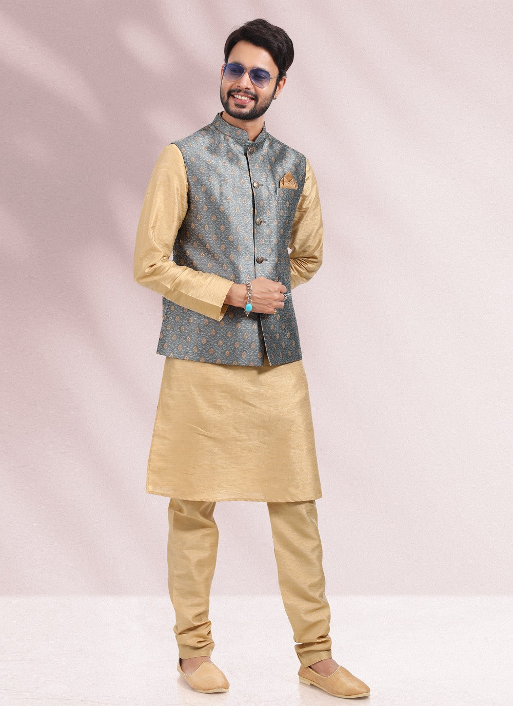 Jacquard Work Banarasi Silk, Jacquard Beige, Grey Kurta Payjama With Jacket - M4874
