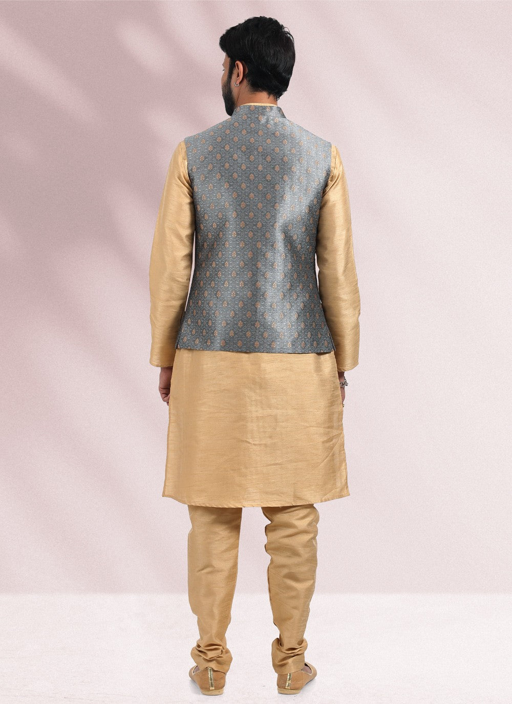 Jacquard Work Banarasi Silk, Jacquard Beige, Grey Kurta Payjama With Jacket - M4874