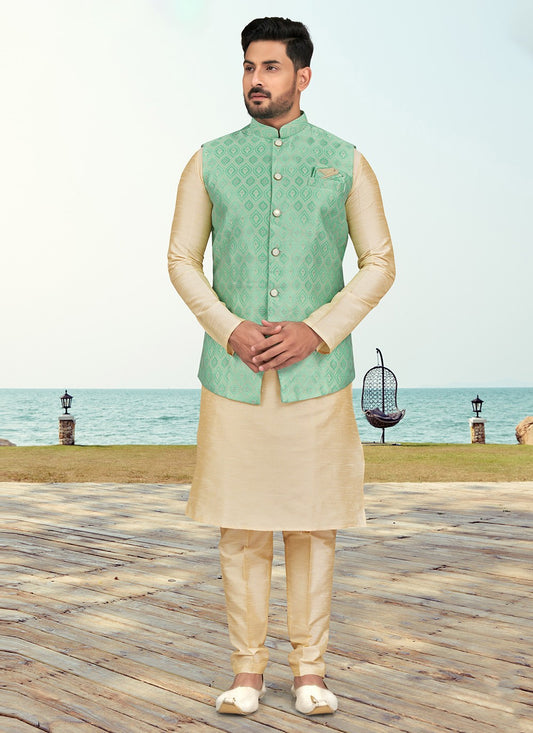 Jacquard Work Banarasi Silk, Dupion Silk Cream, Rama Kurta Payjama With Jacket - M6586