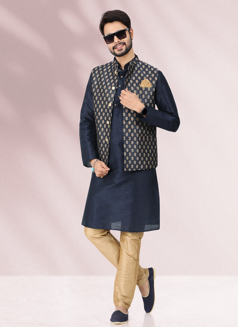 Jacquard Work Banarasi Silk, Jacquard Blue Kurta Payjama With Jacket - M4878