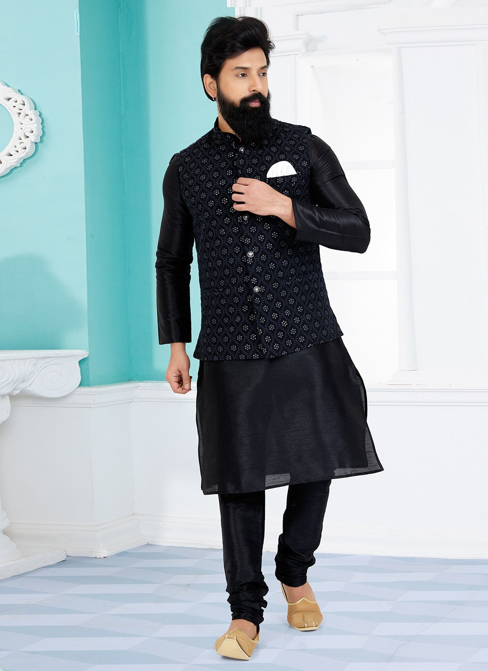 Resham Thread Work Dupion Silk, Viscose Black Kurta Payjama With Jacket - M5463