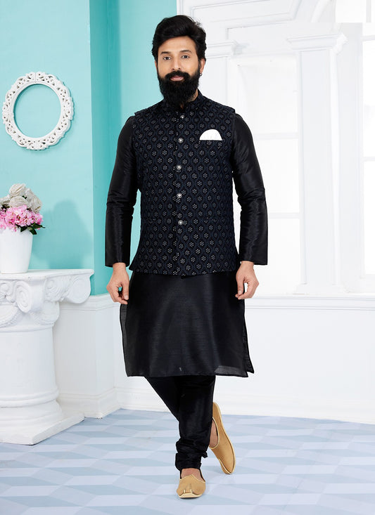 Resham Thread Work Dupion Silk, Viscose Black Kurta Payjama With Jacket - M5463