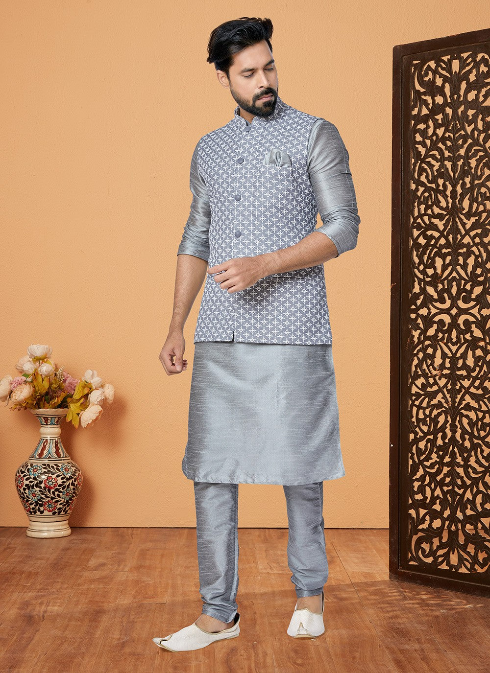 Resham Thread Work Dupion Silk Grey Kurta Payjama With Jacket - M5468