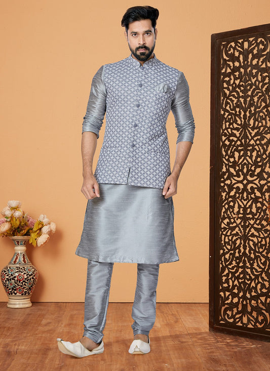 Resham Thread Work Dupion Silk Grey Kurta Payjama With Jacket - M5468